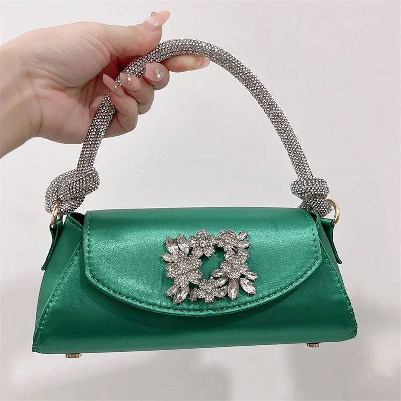 Emerald Satin Hand Bags Elegant Ladies Floral Rhinestone Buckle Evening Bag Luxury Celebrity Simple Design Underarm Bag Bolsas