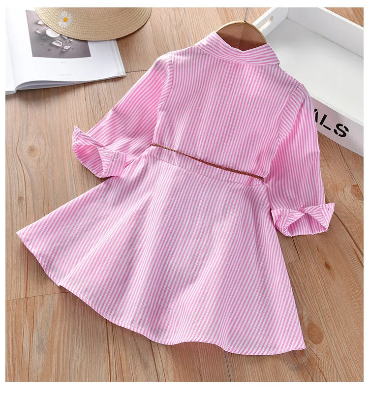 Kids Summer Single Breasted Shirt Dress Girls Casual Loose Pocket Striped Dress Fashion Chic Long Dresses Elegant Loose Belted