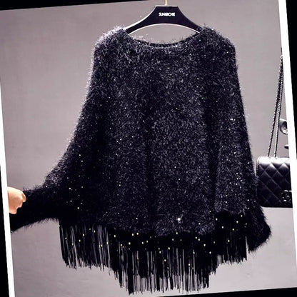 Winter Sequined Tassel Loose Cape Shawl Pullover Sweater