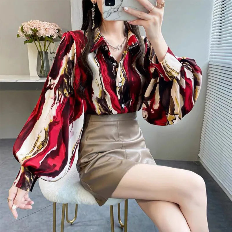 Elegant Printed Lapel Lantern Sleeve Shirt Women's Clothing