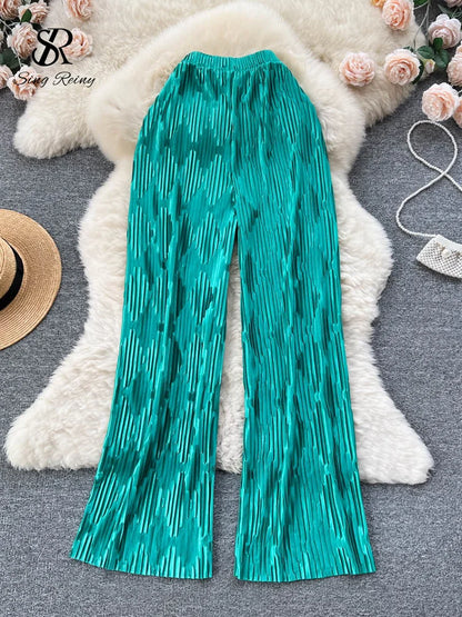 Pleated Vintage Striped Long Pants Fashion Spring High Waist