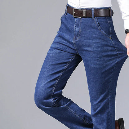 Men Denim Jeans Regular Fit Straight Stretch Business Casual Solid