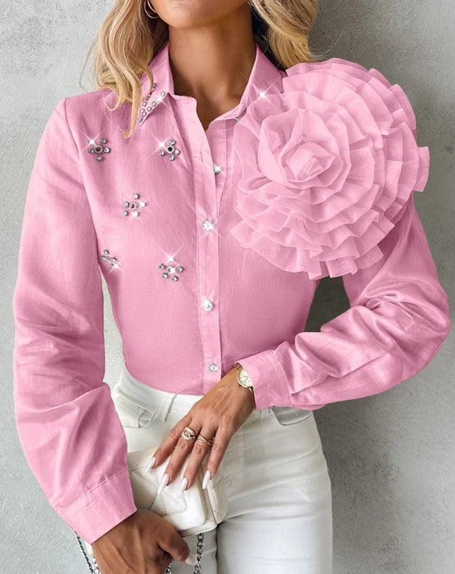 Fashion Woman Blouse Spring Rose Detail Rhinestone Single Breasted shirt