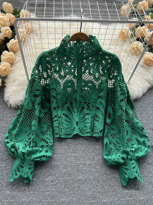 Spring Summer New Fashion Blouse Female Hollow Lantern Sleeve