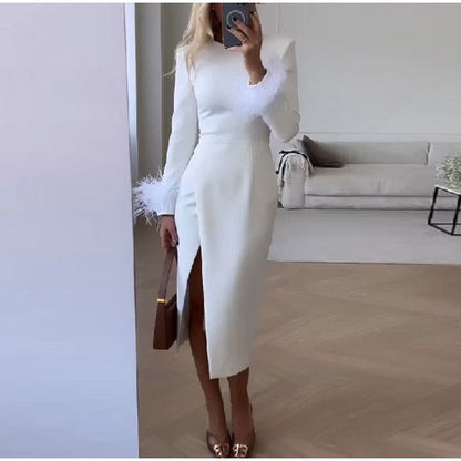 Elegant White Feather Long Sleeve Midi Dress