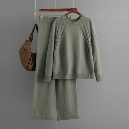 New European American Autumn Winter Casual Solid Knitted Set Women Loose Sweater Wide Leg Pants Two Piece Sets Womens Outifits