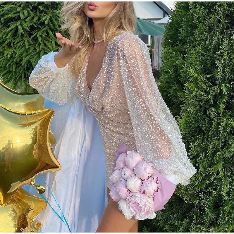 Sequins Mini Dress V Neck Lantern Long Sleeves Dress