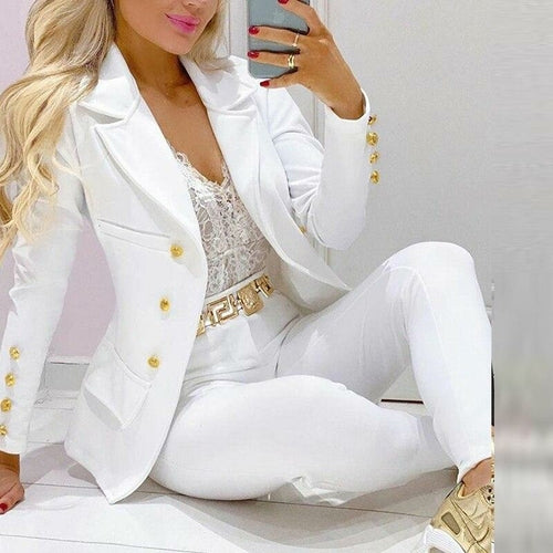 Solid Office Notched Collar Button Top Blazer and Long Pants Suit