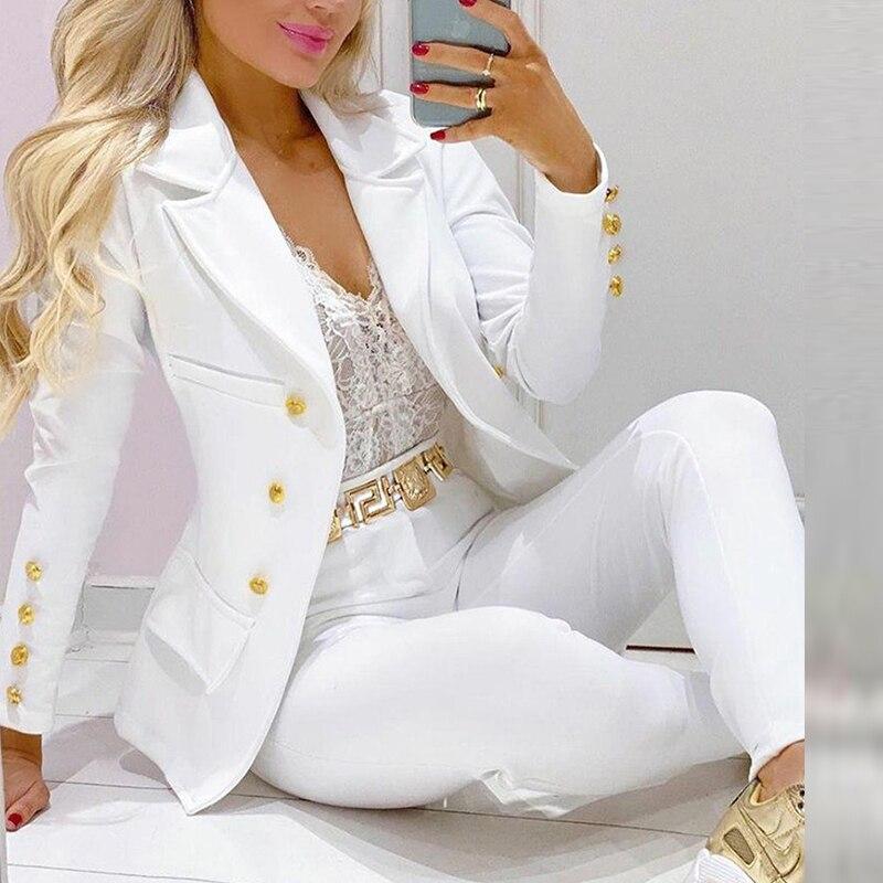 Solid Office Notched Collar Button Top Blazer and Long Pants Suit