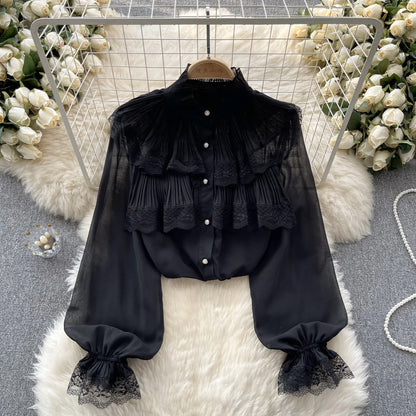 Elegant French Blouse Women Temperament Sweet Ruffles Loose Casual