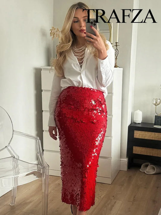 Women's  Spring New Fashion Beaded Red Slim Midi Skirt