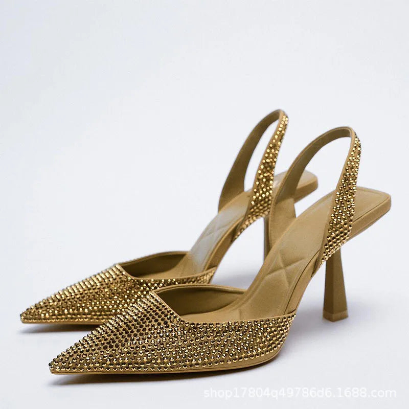 Gold Women Heels Sandals Summer Crystal Pointed Toe Female