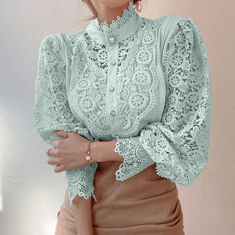 Elegant Embroidery Lace Women Blouse Flower Petal Sleeve Hollow Out