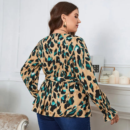 Della Mel  Plus Size Women Elegant Blouse Sexy V-Neck Leopard