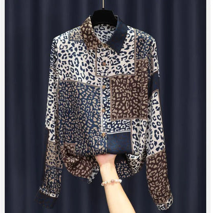 Spring New Leopard Patchwork Print Satin Shirt Women  Style