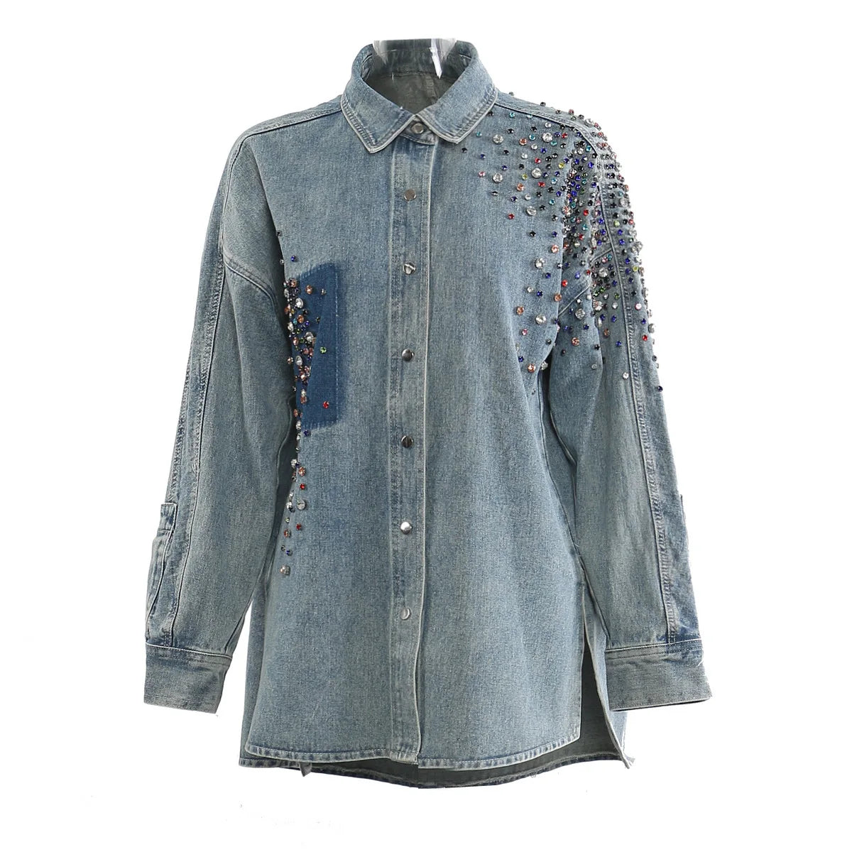 YERMORA Irregular Rhinestone Denim Shirt Jacket For Women For Women Lapel Long Sleeve Fashion Tide Coat Spring Autumn 2025 A142