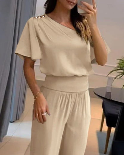 Two Piece Set Women Outfit Summer Fashion Bell Sleeve Ruched