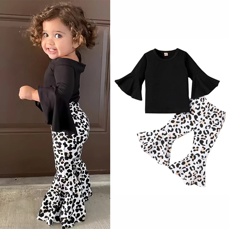 2pcs Baby Girl Clothes Sets Black Pullover Top + Leopard Print Bell-Bottoms Autumn Children's Clothing For 2 3 4 5 7 8 Years Old