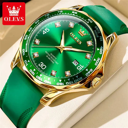 Golden Green Quartz Watch for Men Luxury Brand Diving Waterproof