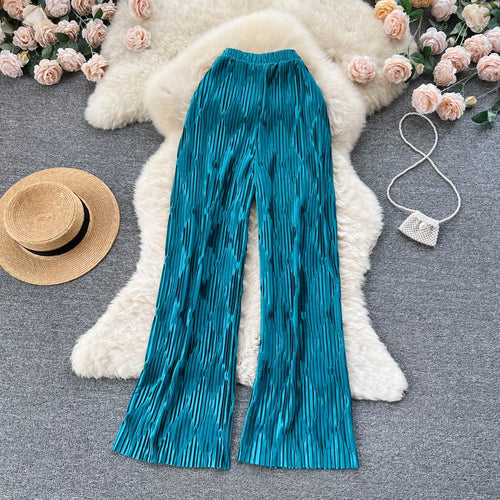 Pleated Vintage Striped Long Pants Fashion Spring High Waist