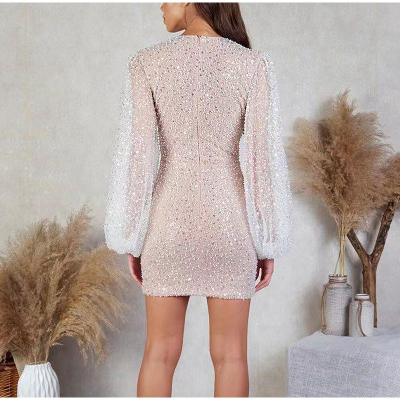 Sequins Mini Dress V Neck Lantern Long Sleeves Dress