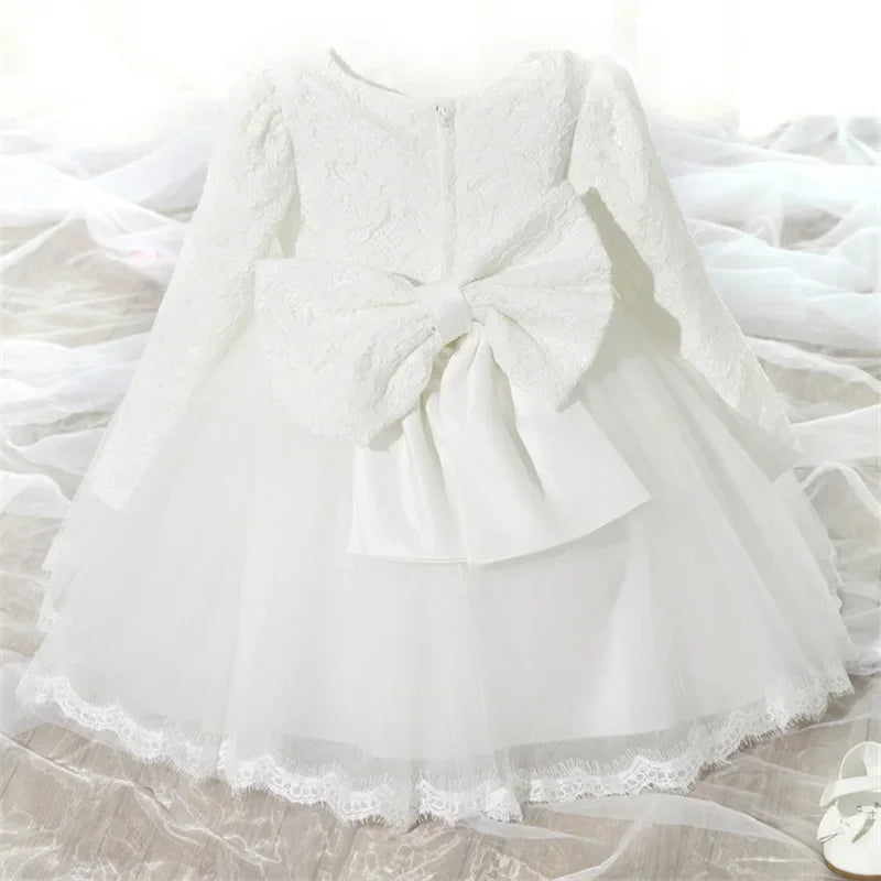 Baby Girls Long Sleeve Dresses for  Wedding Lace Big Bow