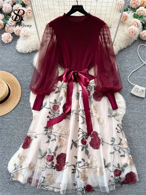 Senior Knitted Patchwork Dress Long Lantern Sleeves Bow Mesh