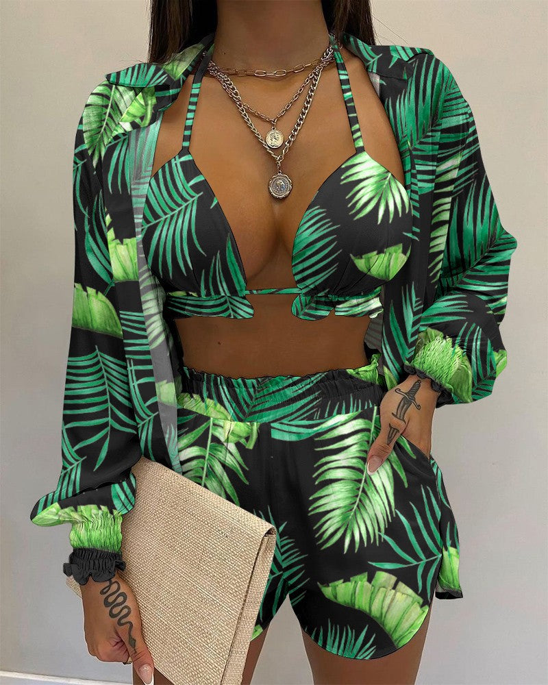 Sexy Beach Style Printed Suspender Shirt Shorts Pant Suit Three Piece