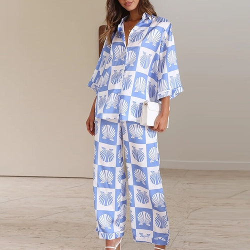 V Neck Button Shirt And Pants Print Set