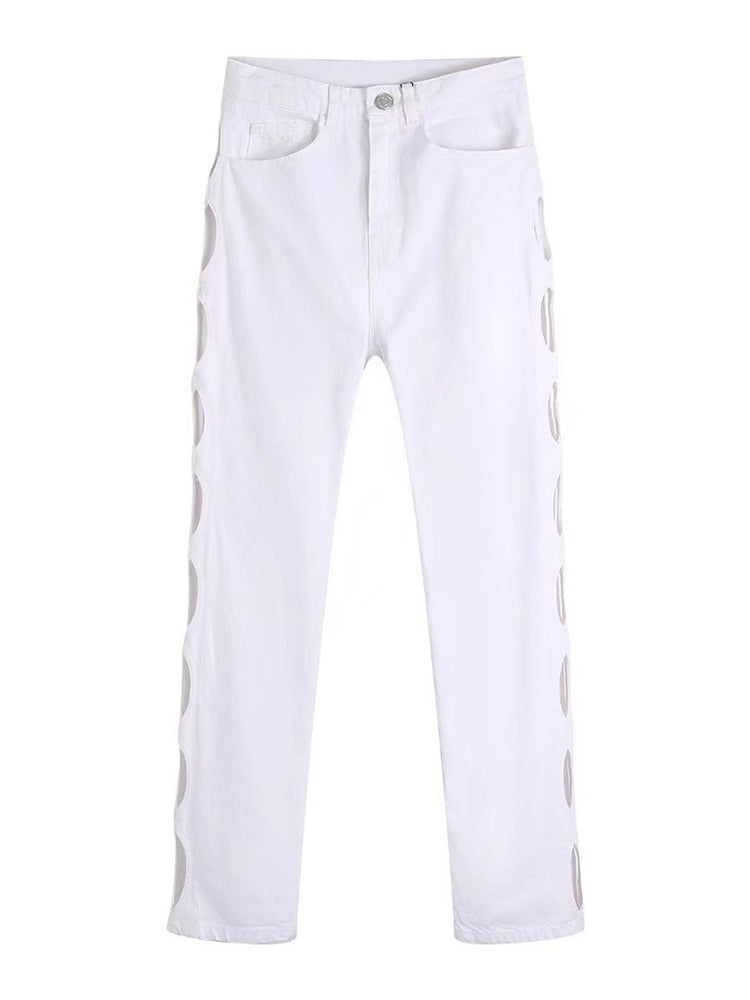 Woman Sexy White Hollow Out Straight Pants