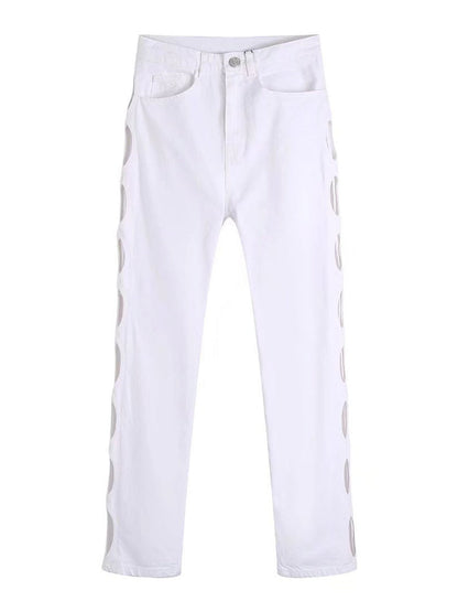 Woman Sexy White Hollow Out Straight Pants