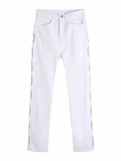 Woman Sexy White Hollow Out Straight Pants