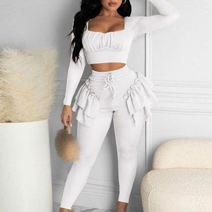 Double Ruffle Outfits Sexy Strapless Long Sleeve Pullover and