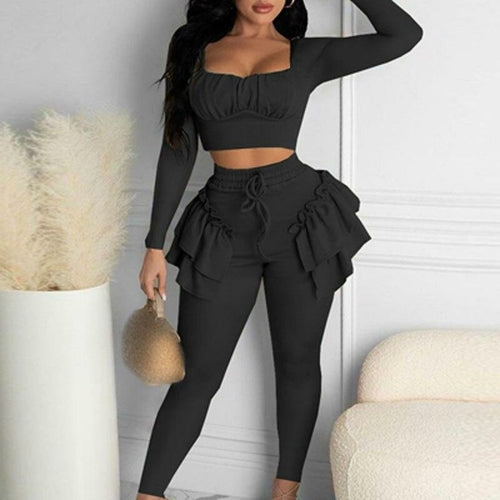 Double Ruffle Outfits Sexy Strapless Long Sleeve Pullover and