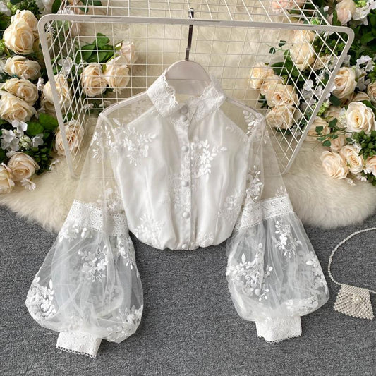 Women French Mesh Lace Blouse Stand Collar Three dimensional