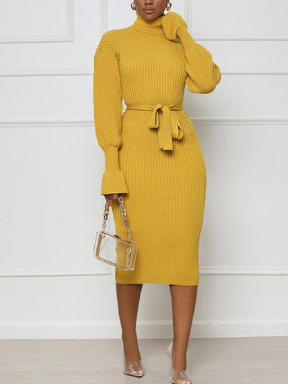 High Neck Long Sleeve Belt Knitted Sweater Dress