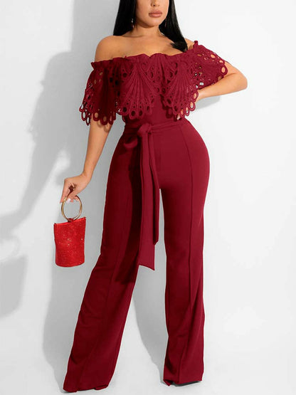 Women Lace Hollow Out Offshoulder Jumpsuit Elegant Wide Leg Overalls