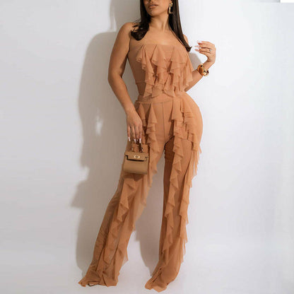 Summer Two Piece Beach Wear Mesh See Through Ruffles Suits Flare Pants