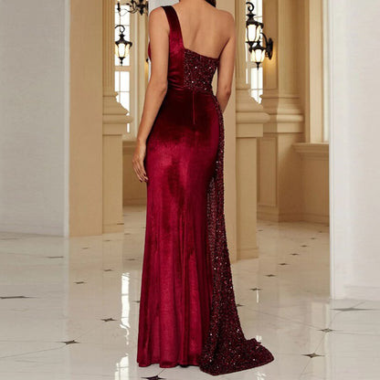 High End Fish Tail Banquet Temperament  Single Shoulder Dress