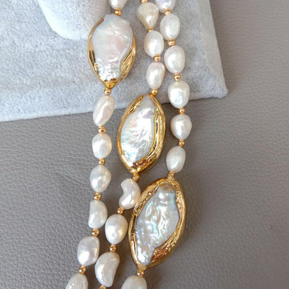 20" 3 rows Cultured Baroque Pearl Necklace Keshi Pearl Gold