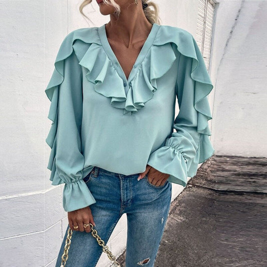 Casual Ruffled V-Neck Full Sleeve Shirt