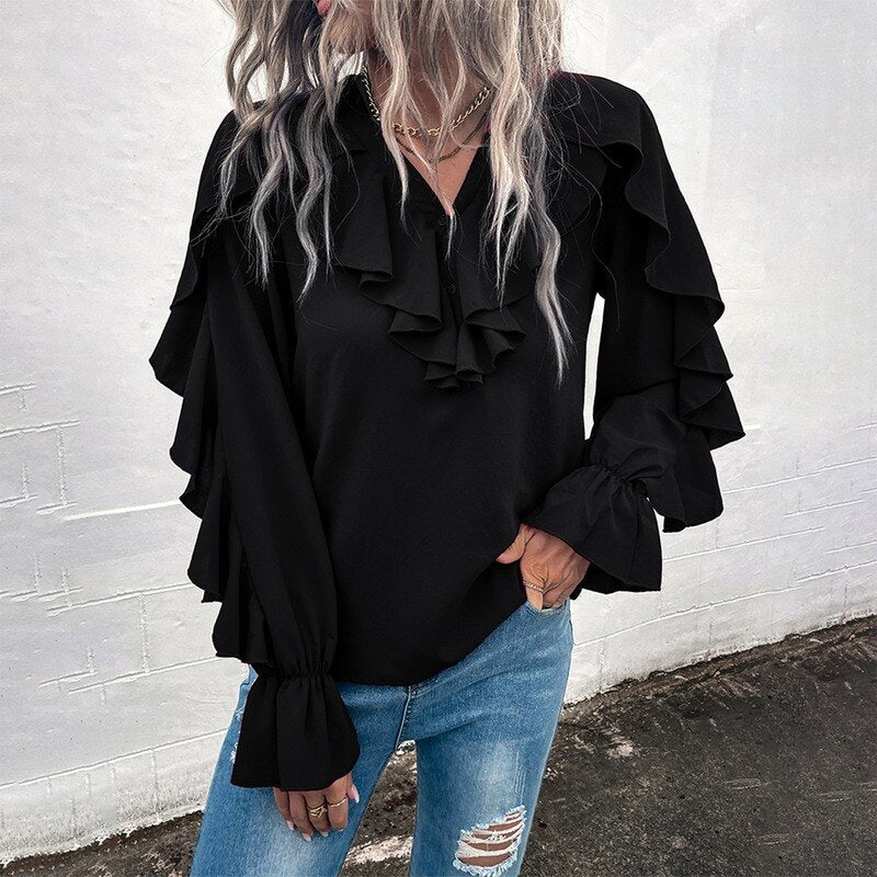 Casual Ruffled V-Neck Full Sleeve Shirt