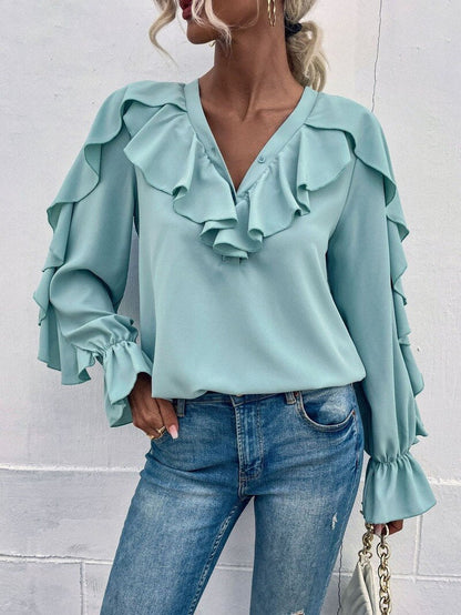 Casual Ruffled V-Neck Full Sleeve Shirt