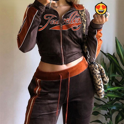 Tracksuit Embroidery Letter Velvet 2piece Set Fitness Zip