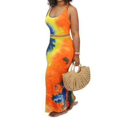 Summer Dress Print Long Skirt Sleeveless Tops Two-piece for Women