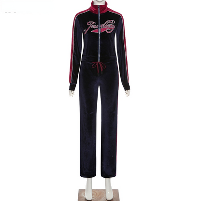 Tracksuit Embroidery Letter Velvet 2piece Set Fitness Zip