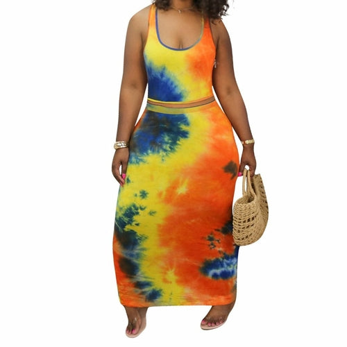 Summer Dress Print Long Skirt Sleeveless Tops Two-piece for Women