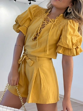 Lace-Up Blouse and Belted Shorts Set