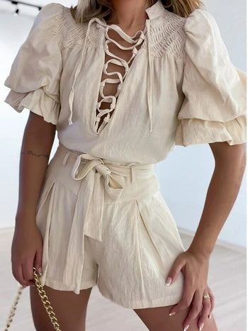 Lace-Up Blouse and Belted Shorts Set