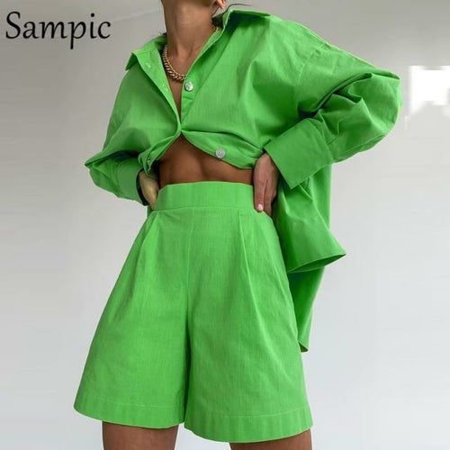 Sampic Casual Long Shorts and Loose Shirt Top Two Piece Set